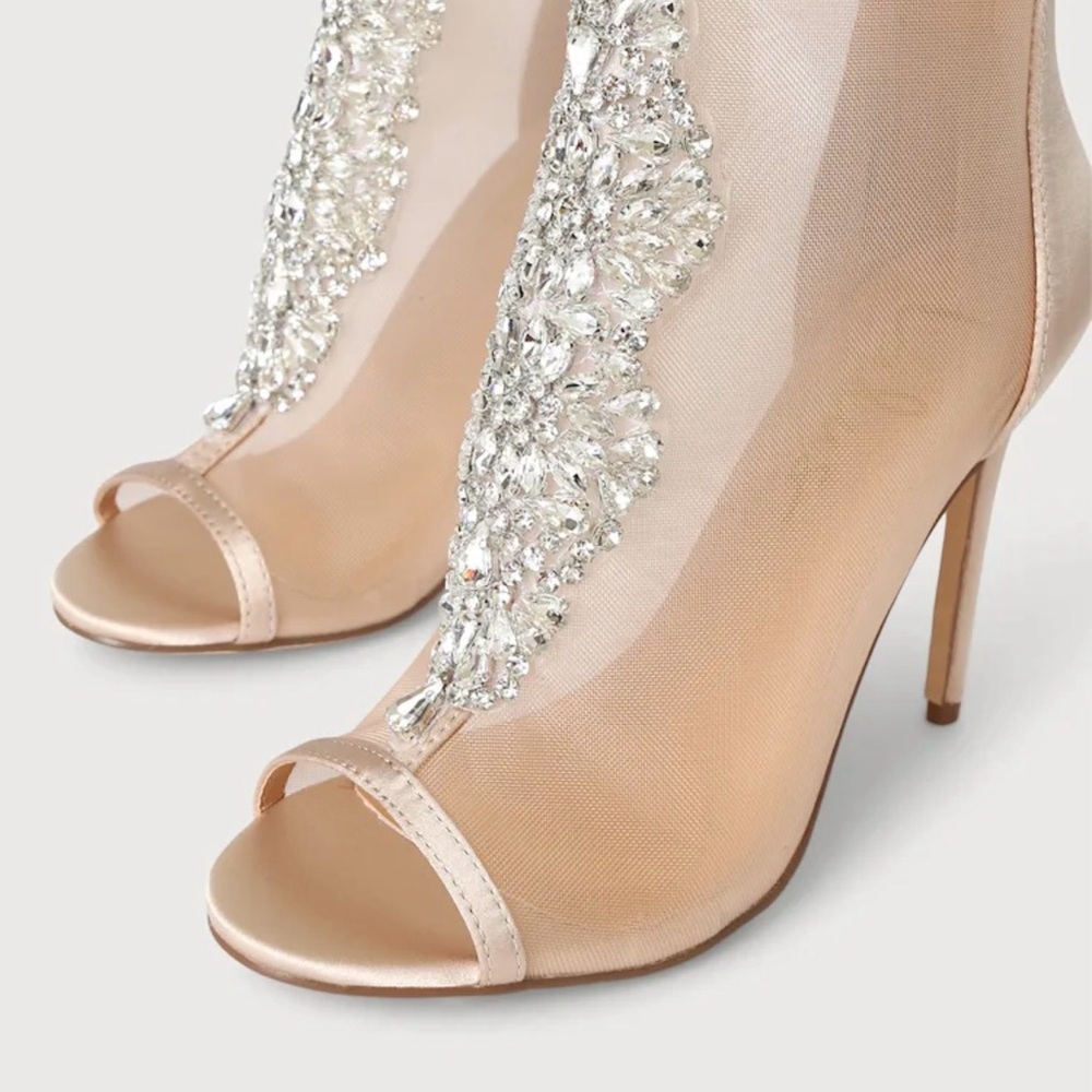 Lulus Hanakun Rose Gold Satin Rhinestone Peep-Toe Stiletto Booties Size 7.5